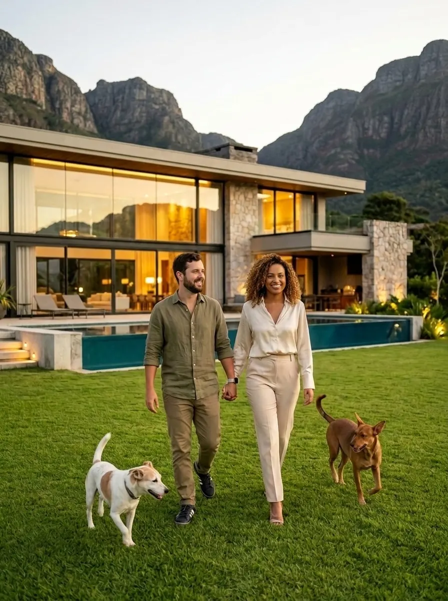 Casal de mãos dadas atravessando o gramado com dois cachorros, casa iluminada e piscina atrás.